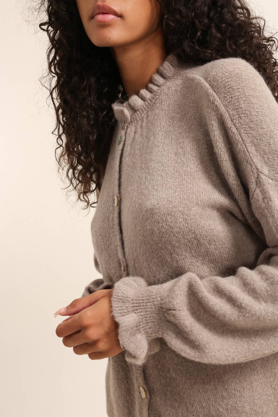 Alpaca Ruffle Mock Neck Cardigan