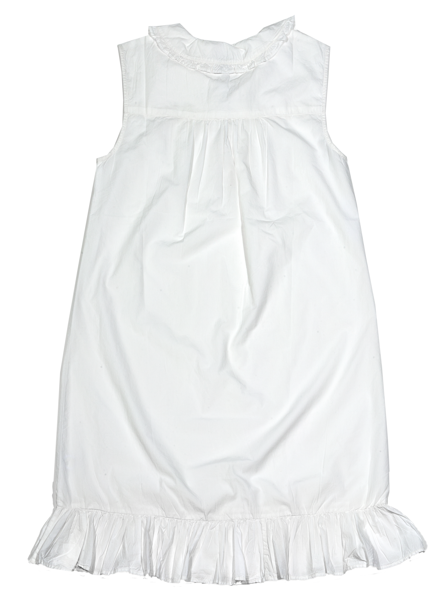 White sleeveless dress with ruffled hem on a white background