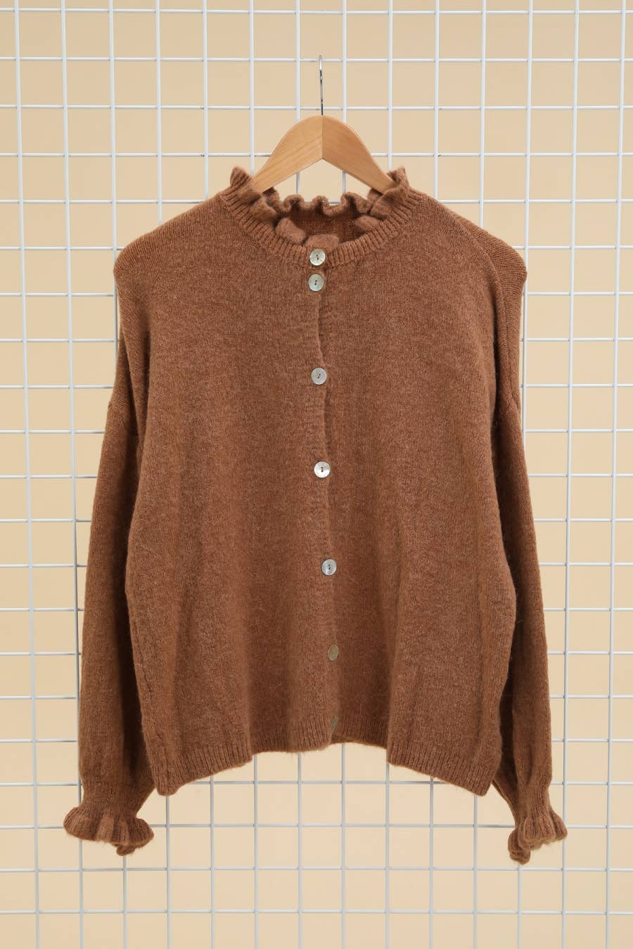 Alpaca Ruffle Mock Neck Cardigan