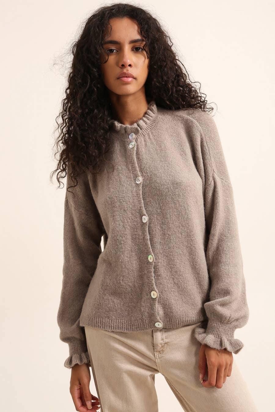 Alpaca Ruffle Mock Neck Cardigan