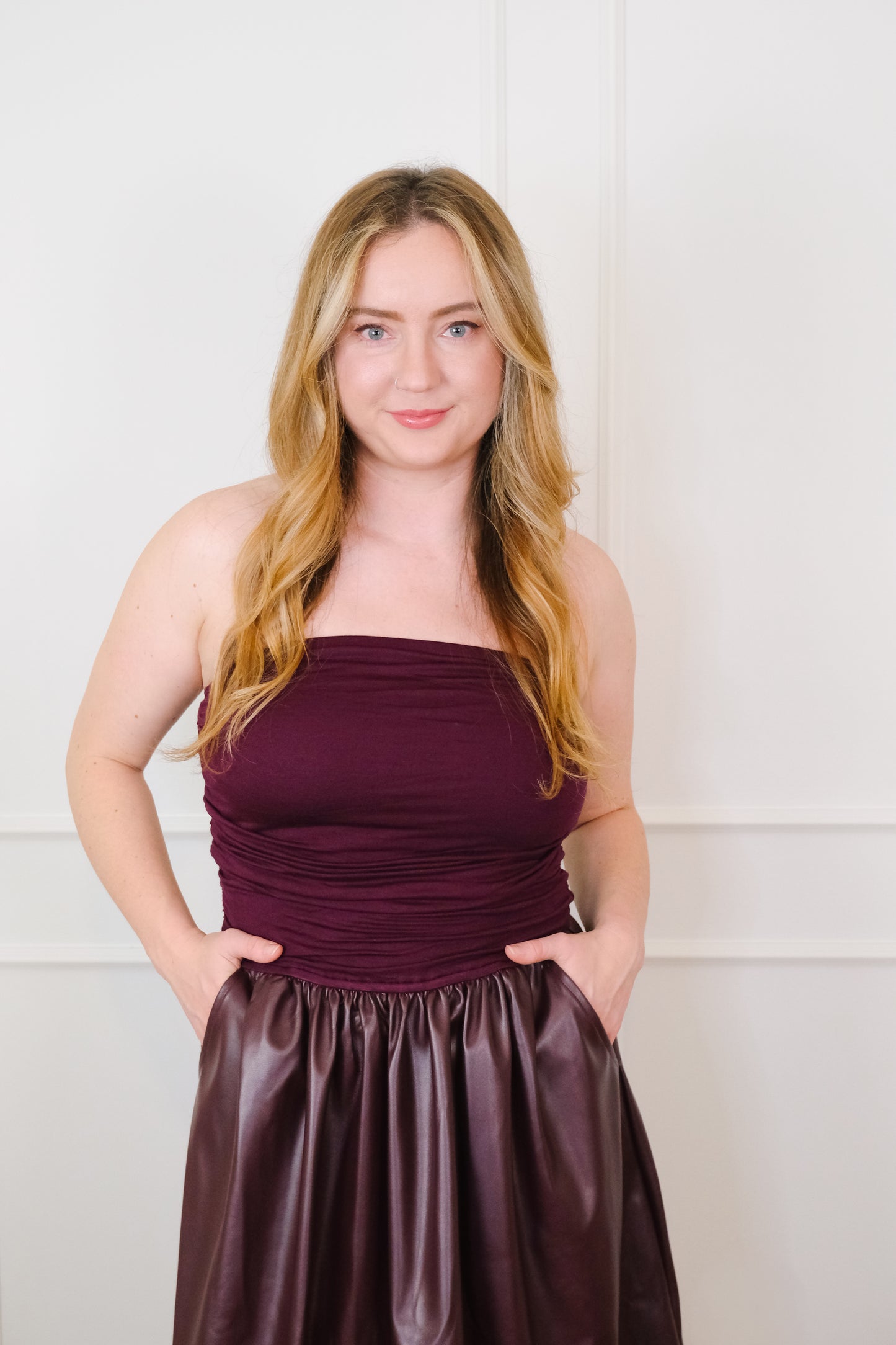 Le Bordeaux Vegan Leather Midi Tube Dress