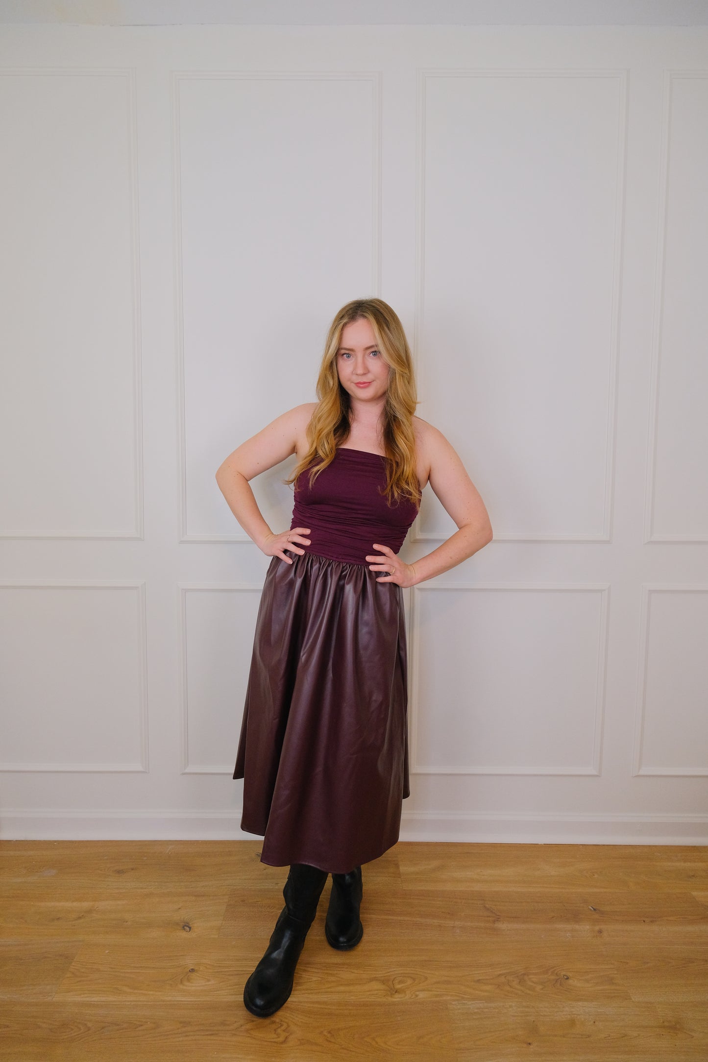 Le Bordeaux Vegan Leather Midi Tube Dress