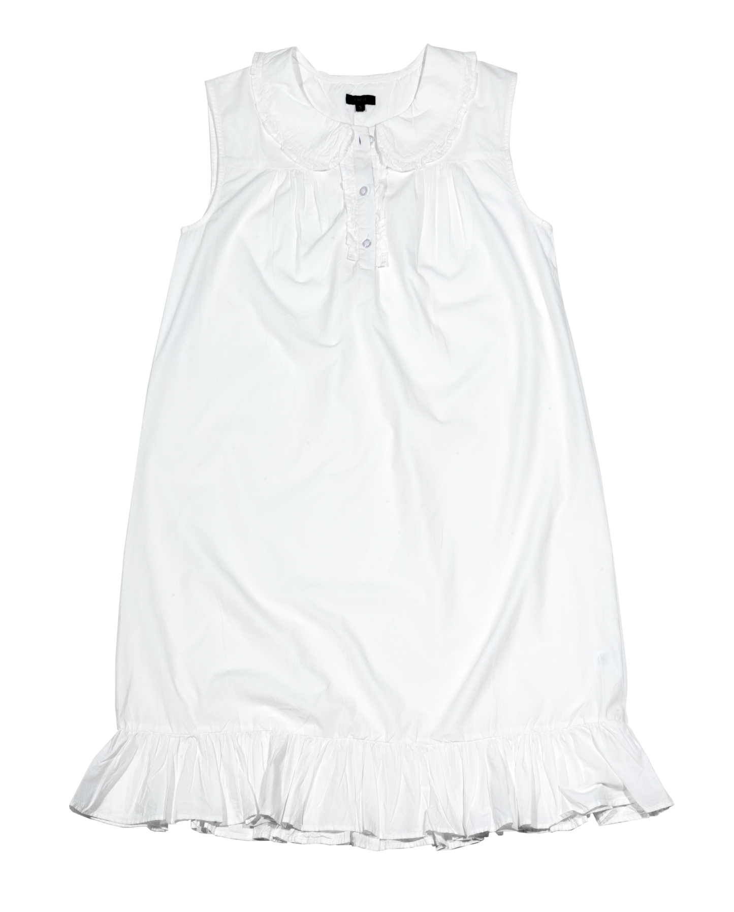 White sleeveless dress with ruffled hem on a white background