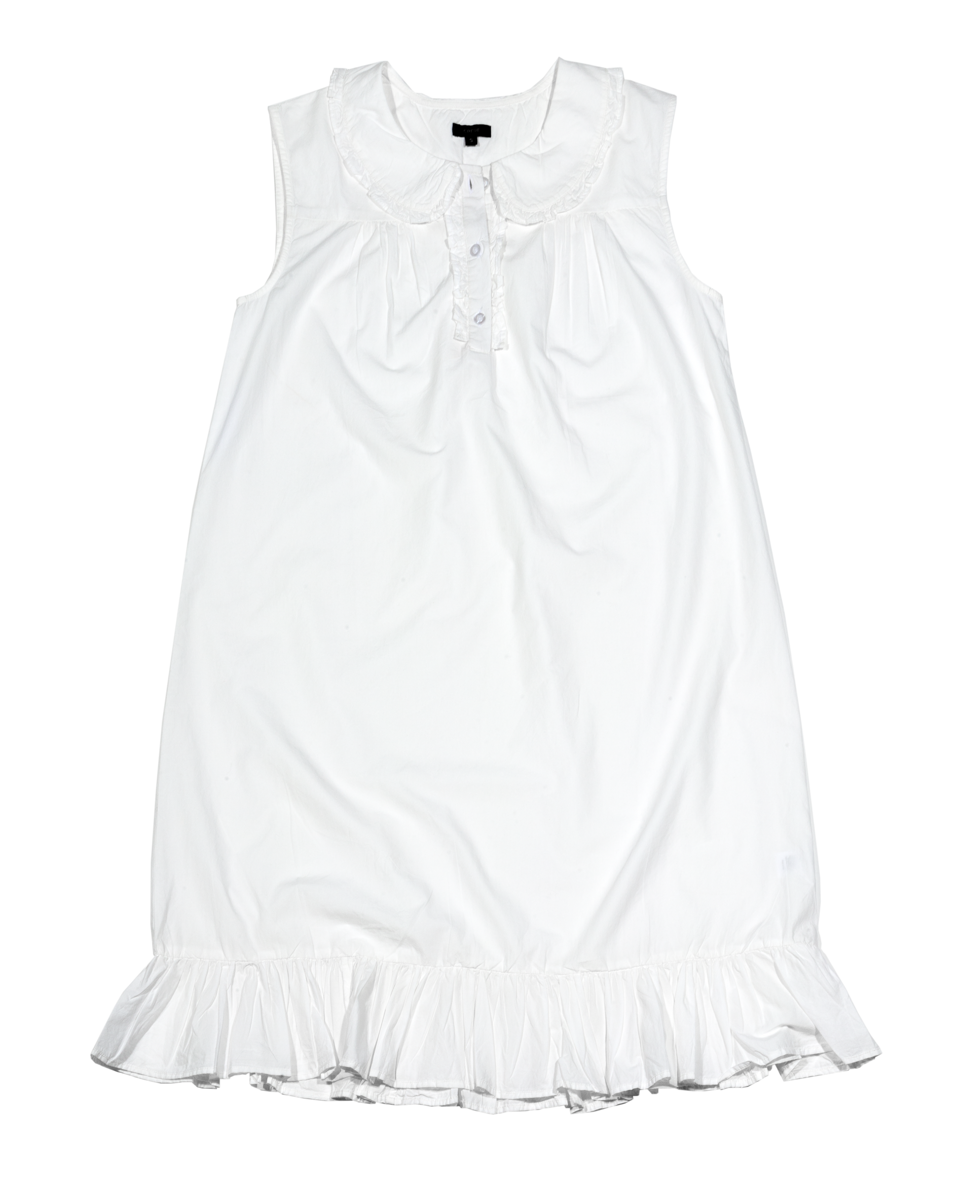 White sleeveless dress with ruffled hem on a white background