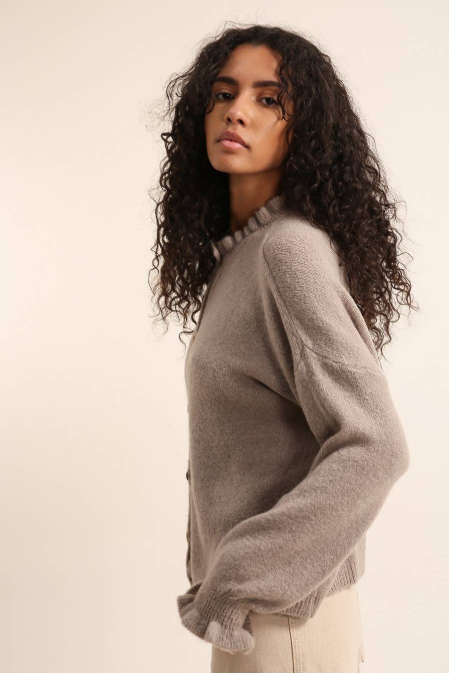 Alpaca Ruffle Mock Neck Cardigan